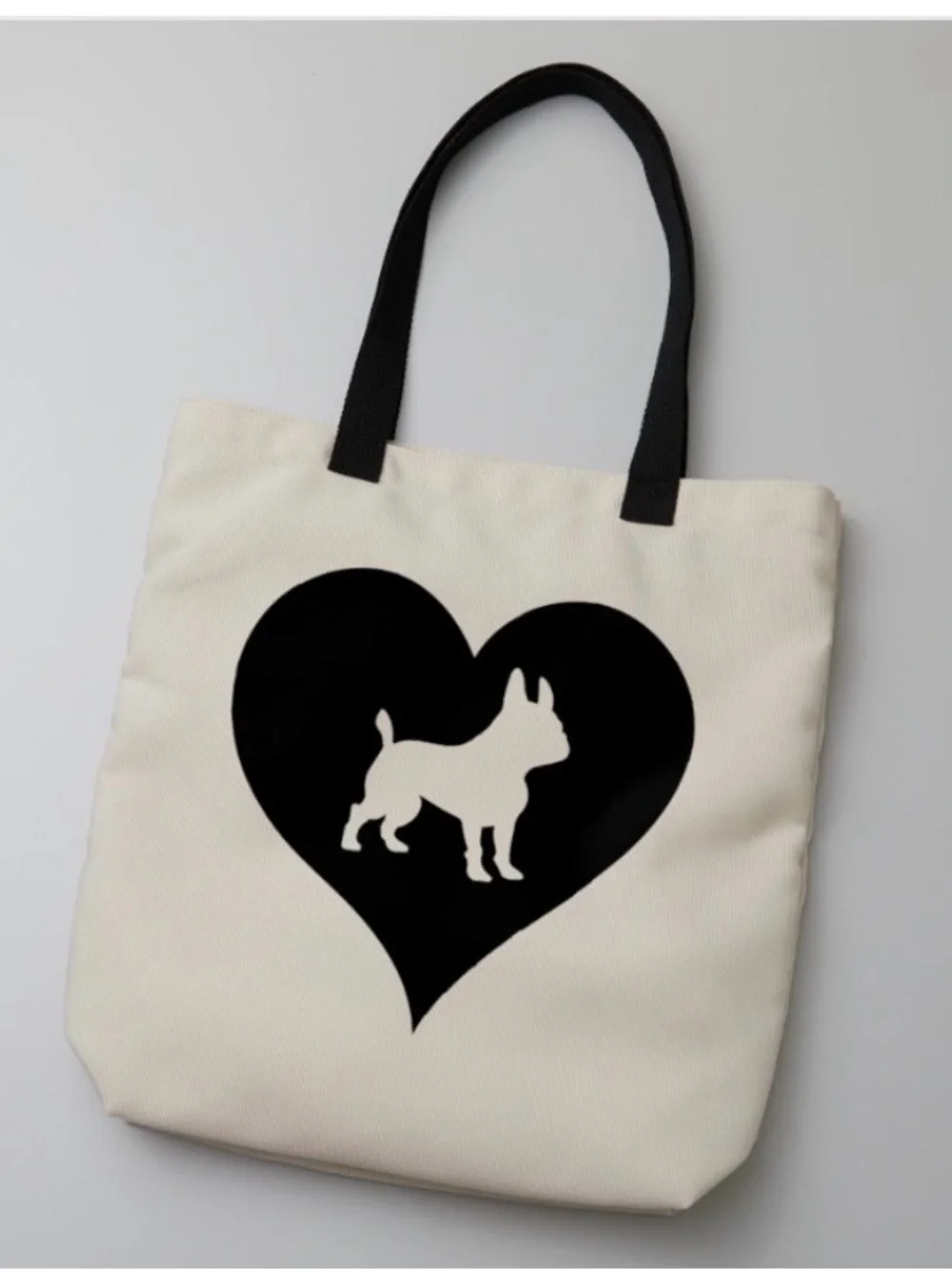 French bulldog Canvas Dog Heart Tote Bag - Black on Cream Frenchie